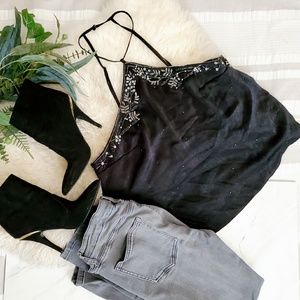 Free People Victoria Embellished Black Cami Tank